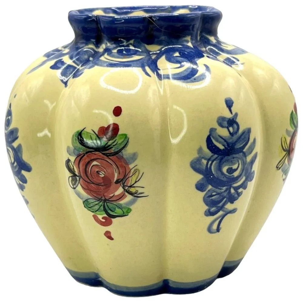 Vestal Alcobaca Vase Hand Painted Blue Flowers Made In Portugal Art Pottery VTG